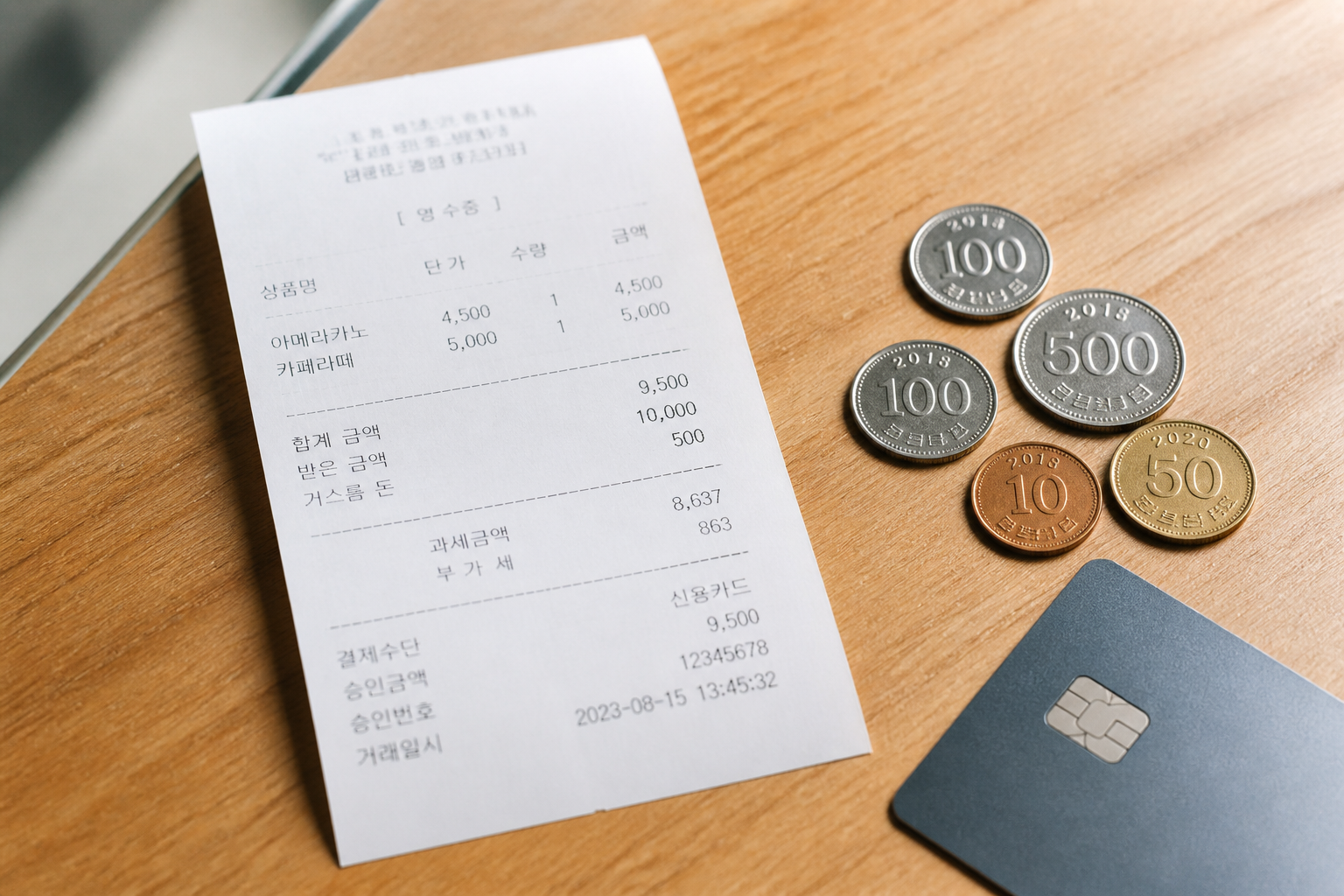 한국 영수증과 동전 예시